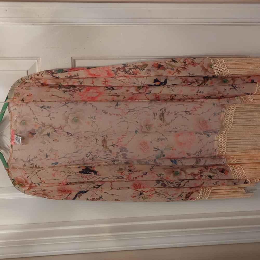 Floral open front semi sheer blush colored cardigan cover up.